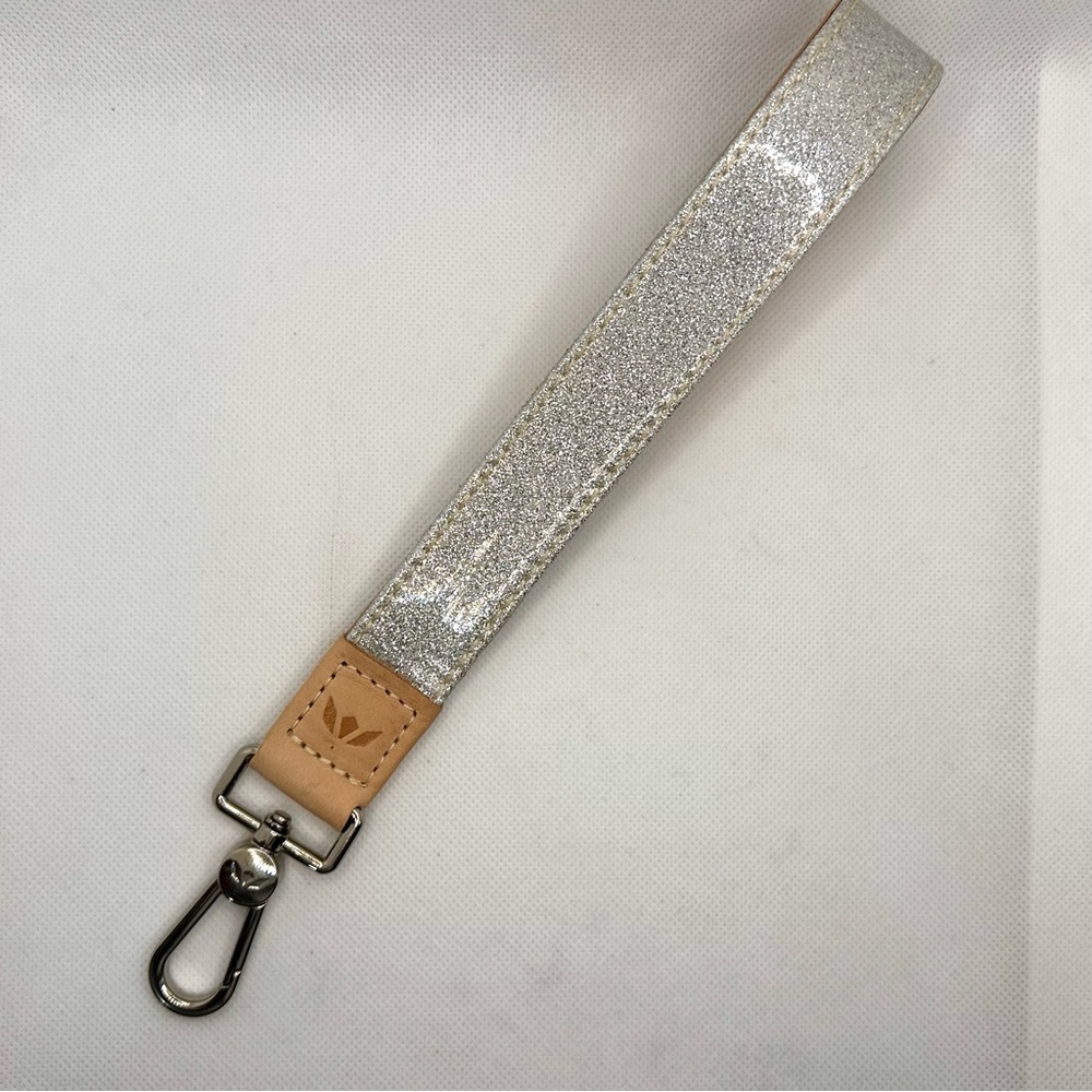 Consuela Silver Glitter Key Wristlet with Tan Leather Accent